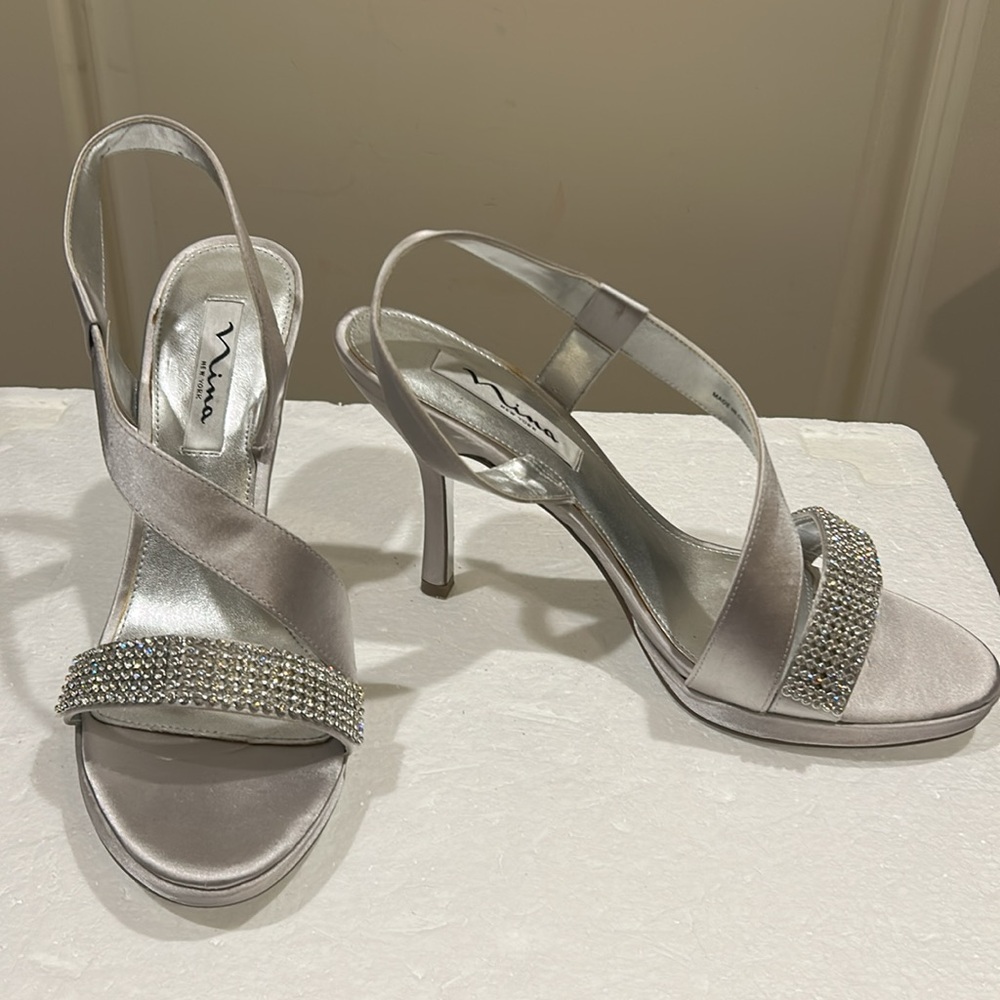 Nina Rhinestone Strappy Heels Pumps open top slingback size 8.5 grey silver - Picture 5 of 15